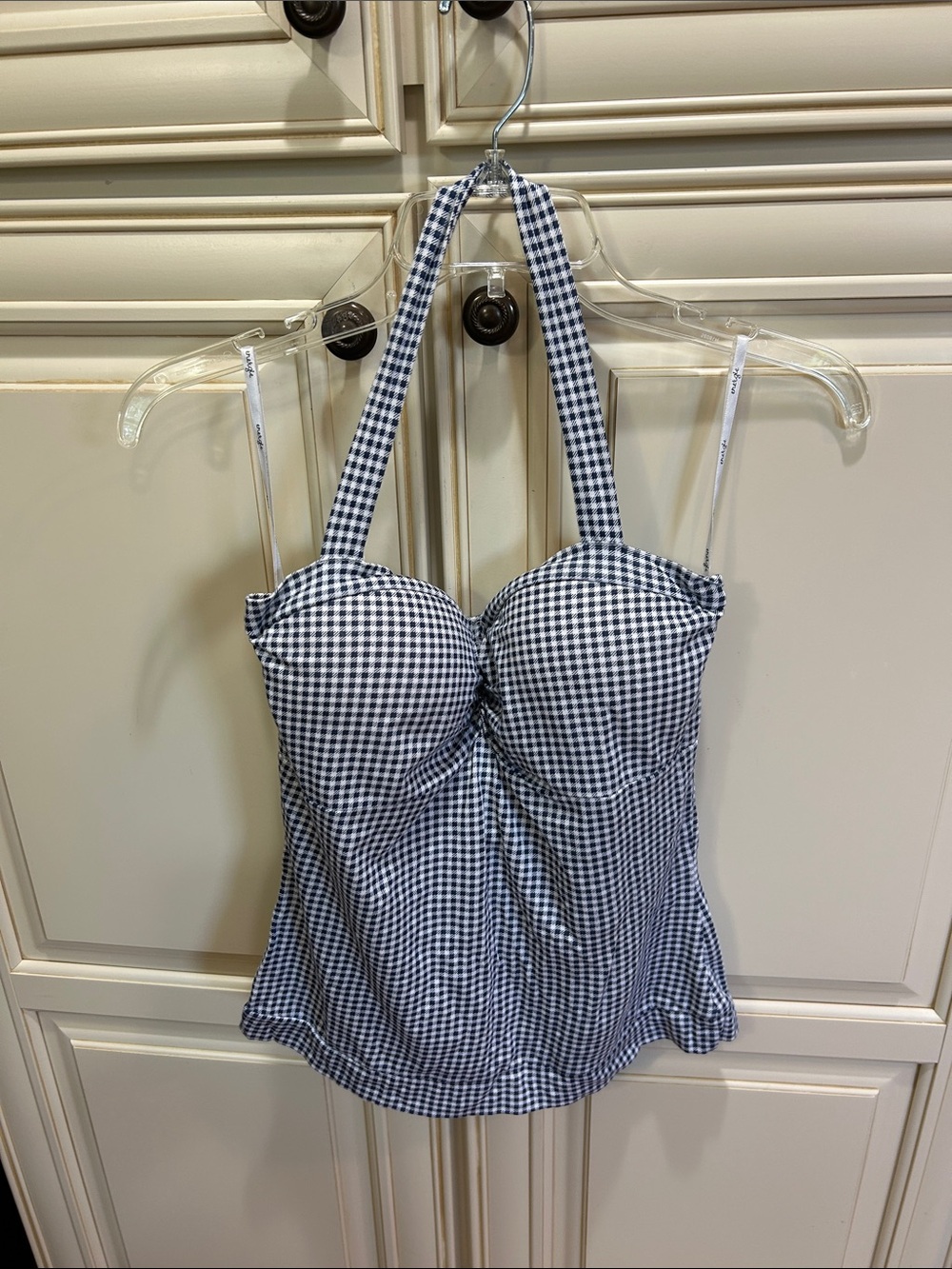 Energie Navy & White Gingham Halter Tankini Top